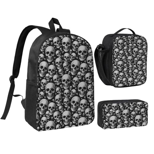 Unisex Backpack Set 3 Piece Backpack + Pencil Case + Lunch Bag Combination （for Skull）