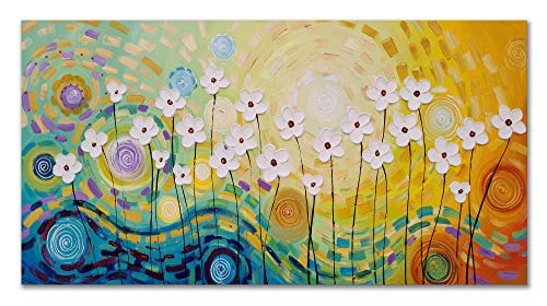 image for Yihui Arts White Flower Canvas Wall Art Hand Painted 3D Colorful Oil P