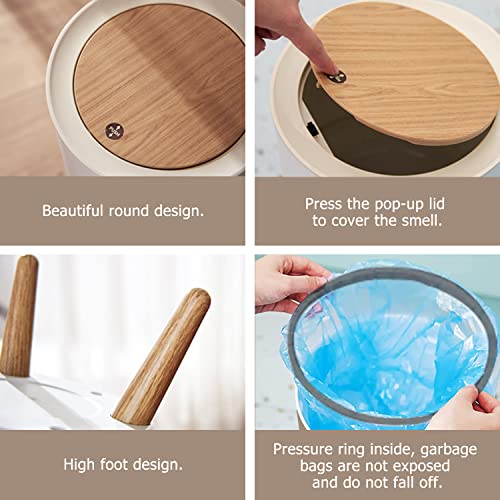 Image of Small Trash Can with Lid Nautical Seamless Illustrations of Whale Ship and Lighthouse Wood Legs Press Cover Garbage Bin Round Simple Human Waste Bin Wastebasket for Kitchen Bathroom Office