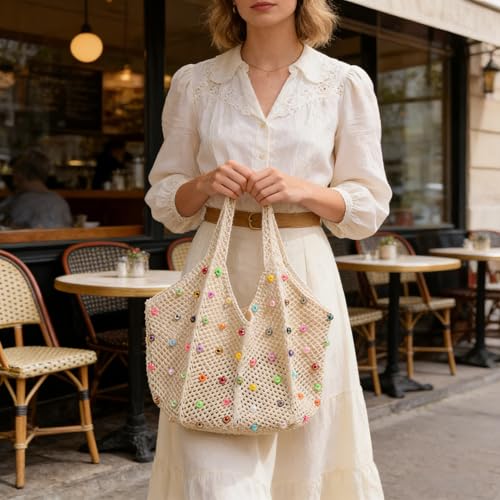 Image of Boho Crochet Beach Tote Shoulder Bag with Colored Beads | Colorful Aesthetic Hippie Knit Bag for Women