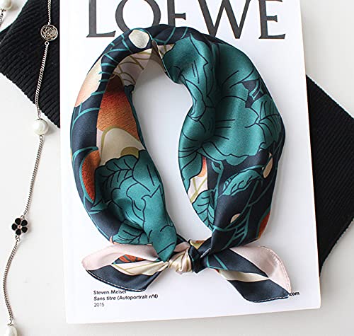 Jerla Women's Men's Small Square Satin 100% Real Mulberry Silk Scarfs Paisley Hair Head Face Scarf 21" X 21" (E-Blackish Green Flower) #TOP4