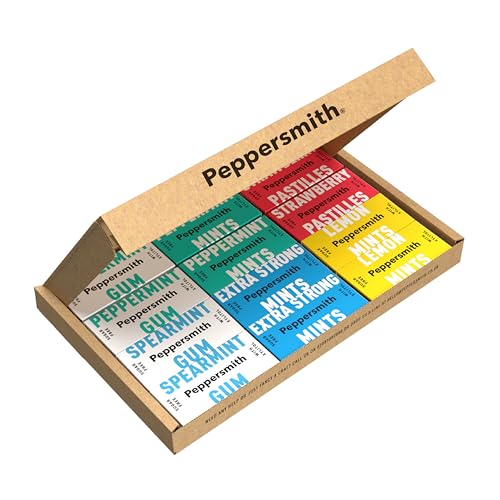 Peppersmith - Ultimate Taster Pack - Peppermint Mints, Gum and Pastilles - 100% Plant Based Xylitol - Breath Freshener - Sugar Free Mints and Chewing Gum - Benefits Oral Health - Pocket Packs - 12x15g