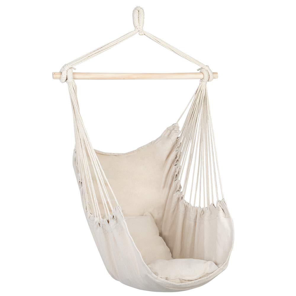 Teeker Hammock Chairs with Pillows Distinctive Cotton Canvas Hanging Rope Chair with Pillows (Beige)