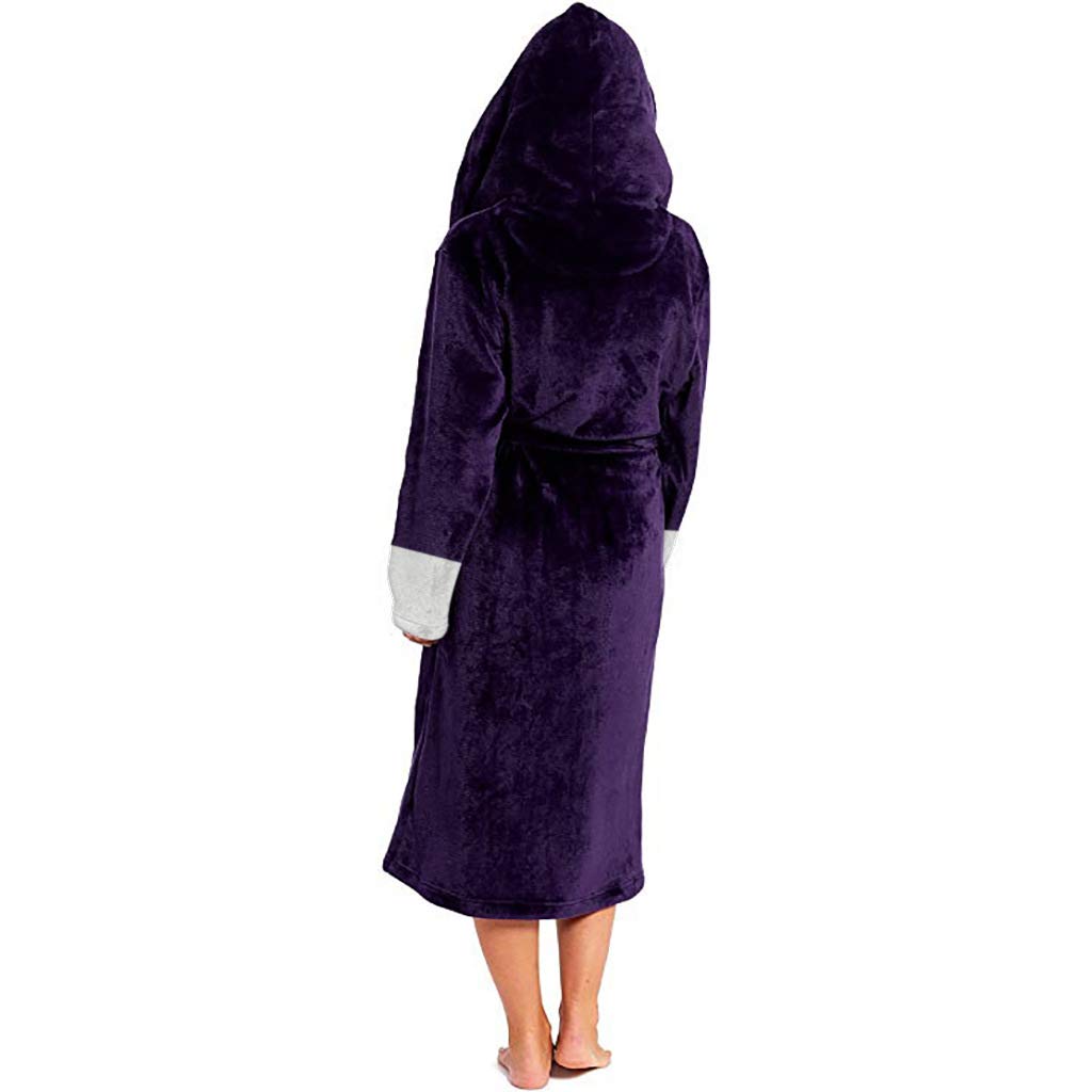 Albornoz Morado Liso con Capucha para Mujer - Bata Larga, Suave y Esponjosa, Cálida y con Cinturón - Kimono y Ropa de Estar Por Casa para El Invierno