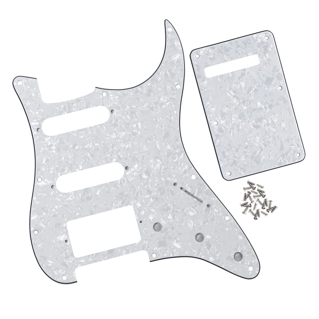 FLEOR HSS Guitar Pickguard 11-Hole ST Style Electric Guitar Pick Guard Backplate Set with Mounting Screws,4Ply White Pearl