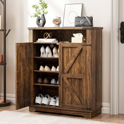 6-Tier Shoe Cabinet with Doors, Entryway Shoe Rack Wooden Shoe St...