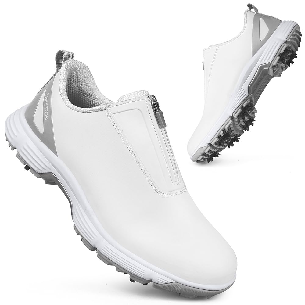 THESTRON Women Waterproof Golf Shoes Spikes Golf Training Sneakers Female Golf Footwears Zipper Golf Sports Shoes Women Walking Sneakers with Spikes Zipper (8,White Grey 505)