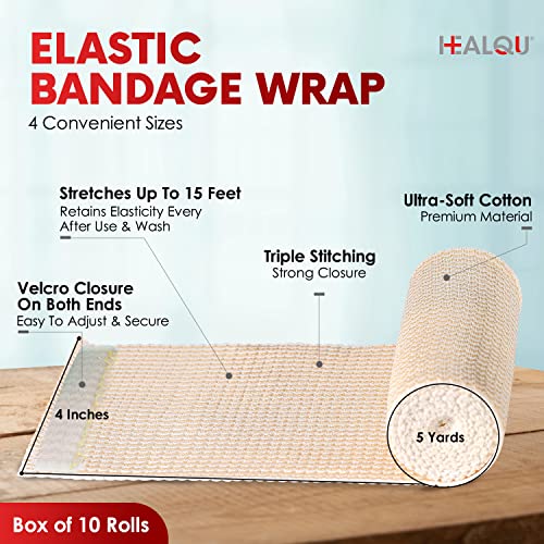 Healqu Premium Elastic Bandage - Self-Closure Compression Wrap For Legs, Knees, Ankles, Wrists, Elbows, Shoulders - 4 Inch By 5 Yards, Box Of 10 Rolls Athletic Stretchable Bandage Wrap #TOP1
