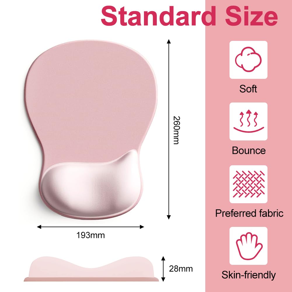 Tapis Souris Pour Ordinateur GIM Tapis De Souris Ergonomique Avec Repose- Main - Avec Repose-Poignet En Gel - Coussin De Poignet - Pour Poignet - Souris - Support De Poignet - Clavier Rose