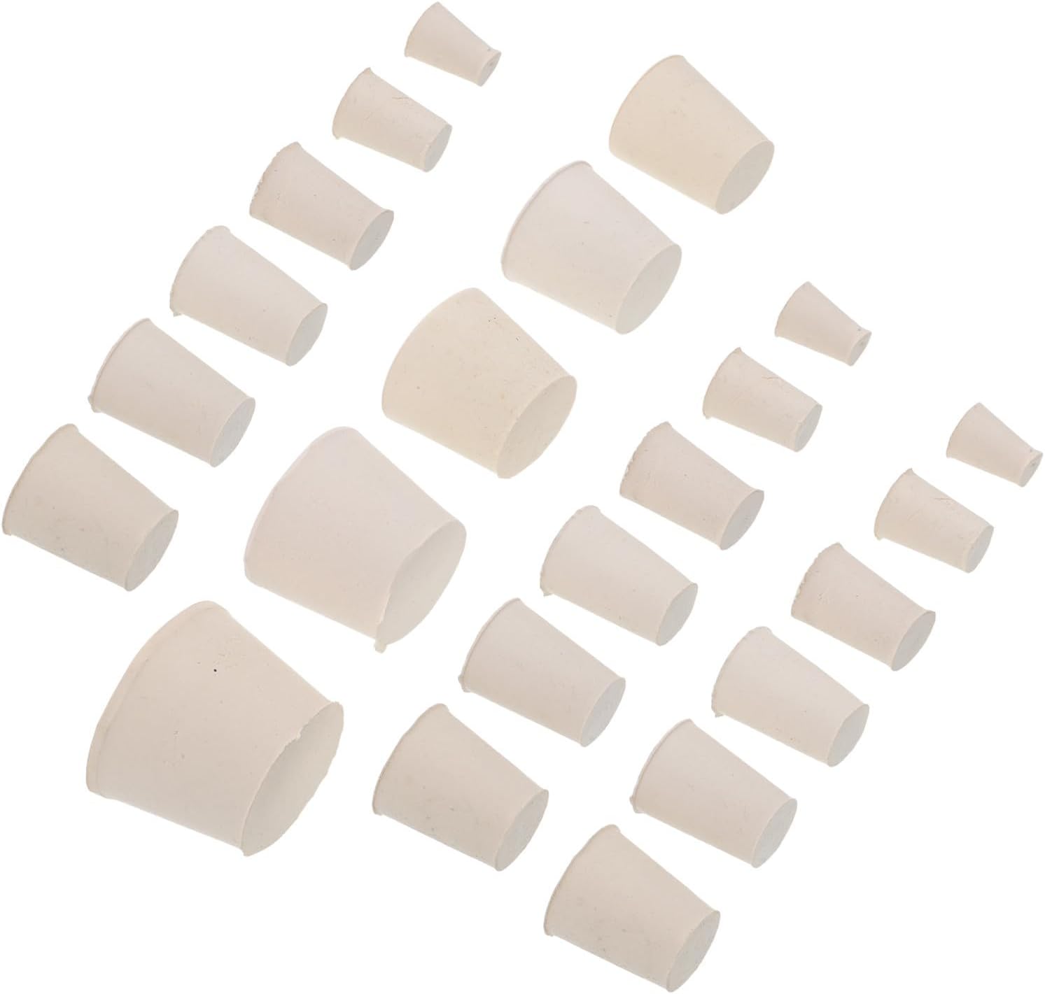 23pcs Solid Rubber Stoppers Set for Laboratory Experiments and Chemistry Lab, White Tapered Conical Plugs, Sizes 000# to 8#, Burrfree Exterior, Prevents Leakage for Test Tubes