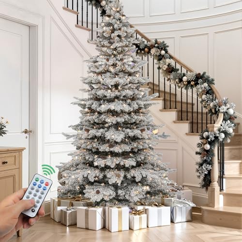 YITAHOME 7.5ft Prelit Snow Flocked Christmas Tree with Remote, Hinged Pine Christmas Tree with 550 Warm White/Multicolor Changing Lights, 1278 Branch Tips, and Foldable Base for Home, Party