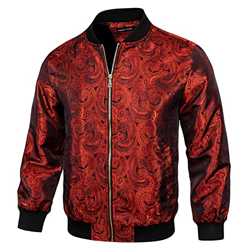 Yohowa Bomber Jackets For Men Red Paisley Lightweight Windbreaker Fashion Silk Coat With Pockets Zipper Outwear Casual #TOP2