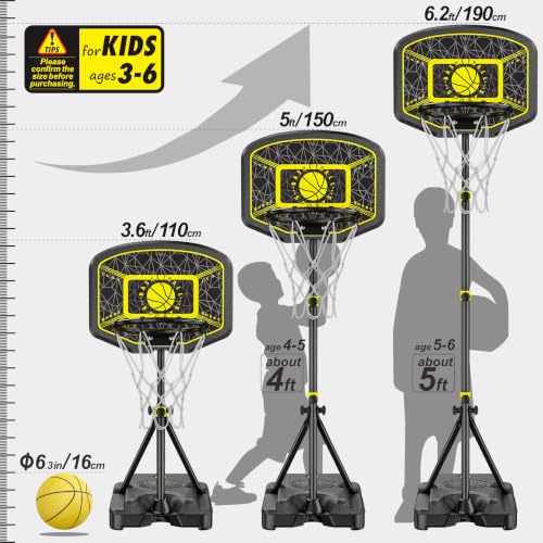 Miniatura 2 de Gilikoko Canasta De Baloncesto Con Soporte, Juego De Canasta De Baloncesto, 110-190 Cm De Altura Ajustable, Juguete Para Niños Para Exteriores E Interiores Negro Y Amarillo