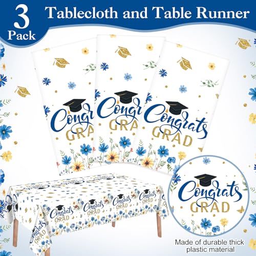 Image of Ganeen 3 Pcs Graduation Tablecloth Floral Class of 2026 Congrats Grad Table Cloths Blue Disposable Plastic Rectangle Table Cover for 2026 Graduation Decorations Grad Party Supplies, 54 x 108 Inch