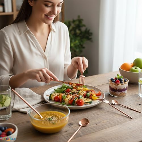 Image of Slim Handle Rose Gold 24 Pcs Stainless Steel Cutlery Set for Dining Table, Dishwasher Safe Glossy Flatware (6 Spoon Set+6 Forks Set+6 Butter Knife+6 Dessert Spoon)