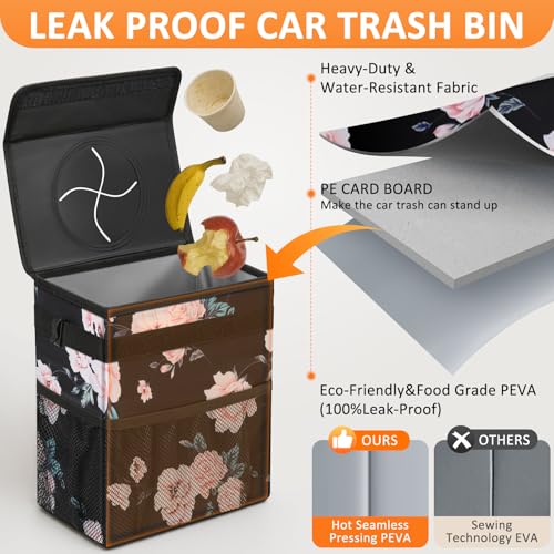 Image of Vankor 3 Gallons Car Trash Can with Lid, Car Bag Bin Hanging Waterproof Automotive Garbage Cans Leak Proof Vehicle Trash Can Black Floral
