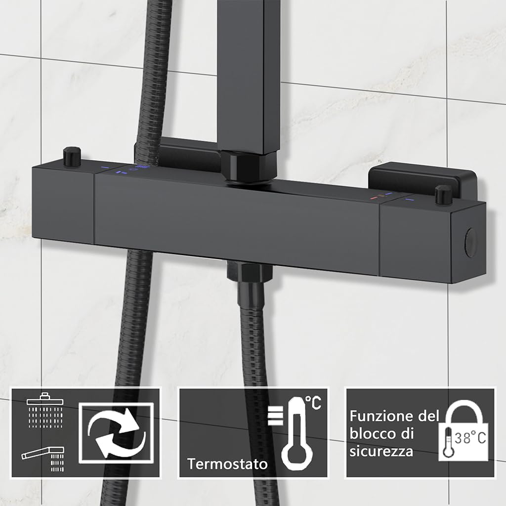 OCEAN ITALY Colonna Doccia con Soffione Acciaio Inox 20x20cm, Gruppo Doccia con Miscelatore Termostatico, Saliscendi Doccia Moderno Quadrato Regolabile 73-115cm, Nero Opaco