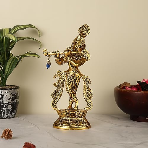 HEYEARTH Lord Krishna Metal Statues Playing Flute,Krishna Figurin...