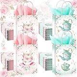 Locmeo 24 Pcs Tea Party Gift Bags with Tissue Paper Floral Teapot Goodie Treat Bags with Handles Tea Party Decorations for Wedding Baby Shower Birthday Favors Supplies, Pink and Green