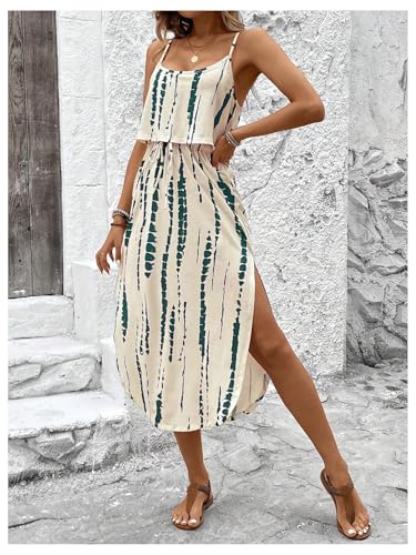 Women's Spaghetti Strap Tie Dye Cami Dress Scoop Neck Split Thigh Midi Dresses Knot Front Sun Dresses4