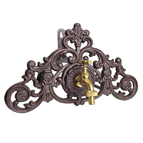 Fontaine de Jardin de Charme Murale Enrouleur à Tuyaux Source en Fonte Marron Robinet Laiton Doré 22,5x24x36,5cm