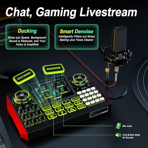 Image of Podcast Microphone Bundle with Live Sound Card Audio Mixer, Podcast Equipment Bundle with 3.5mm Condenser Microphone for Pc /Phone Live Streaming Singing Gaming, Sound Board with Voice Changer, Denoise