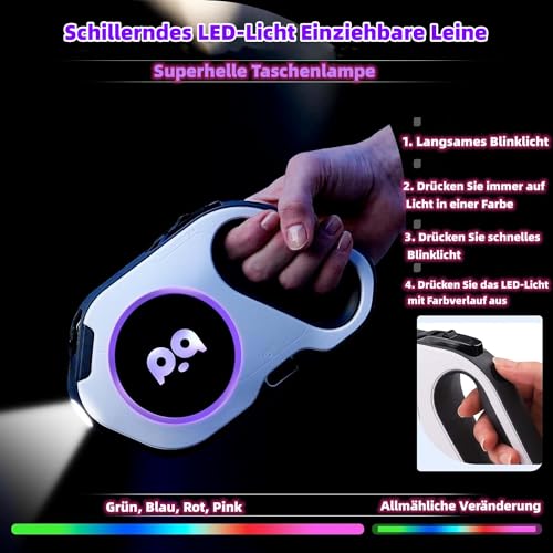 Einziehbare Hundeleine Aufgerüstet Wiederaufladbar mit LED-Licht, Einhandbremse und Entriegelung Verwicklungsfreie Haustierleinen 16ft/5m Nylonband für bis zu 88lbs kleine mittelgroße Hunde (blau)