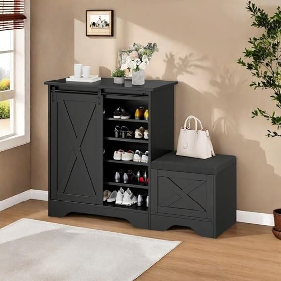 DWVO Farmhouse Shoe Storage Cabinet with Bench, 5-Tier Slim Shoe Cabinet with Adjustable Shelves for 20 Pairs Sliding Door for Entryway, Hallway, Living Room (Black)