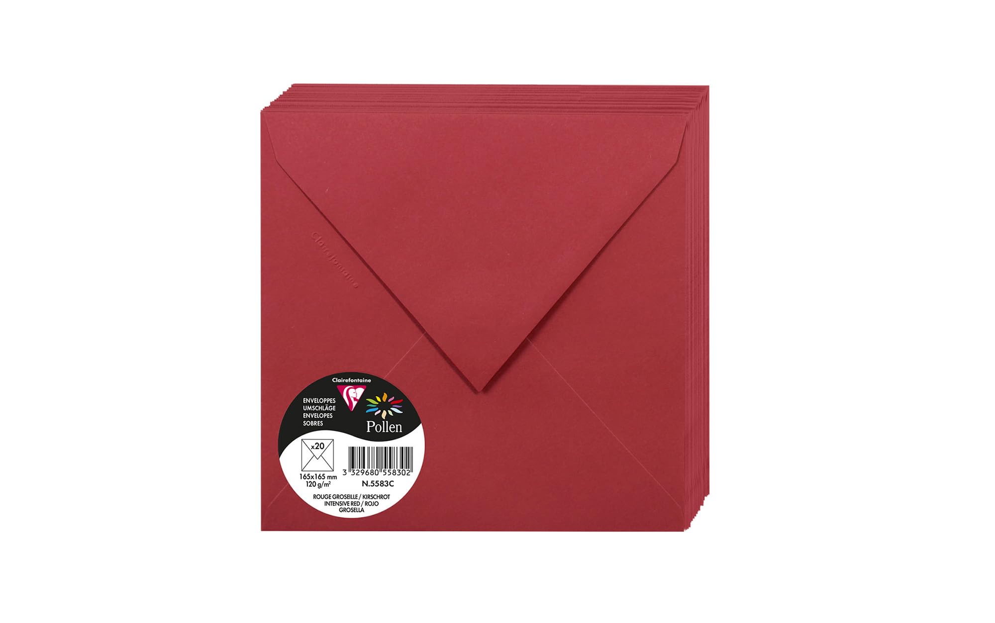 Clairefontaine 5583C - Packung mit 20 Umschläge Pollen, Format 165 x 165mm, 120g, ideal für Einladungen und Korrespondenz, Kirschrot, 1 Pack