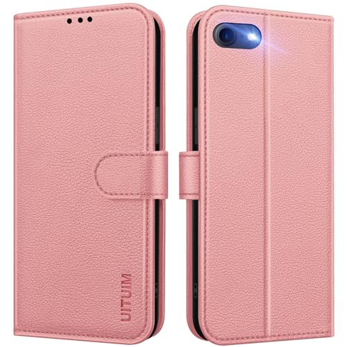UITUIM Phone Case for iPhone SE 2022 / SE 2020 / 8 / 7 / 6S / 6 - Leather Wallet Flip Cover with Card Holder, Shockproof Magnetic Folio Case, Pink