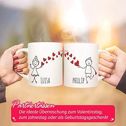 Partner-Tassen mit süßen Strichmännchen - für Frau und Mann - zum selbst Beschriften mit Wunschnamen - 2er Set Kaffeebecher aus Keramik mit Herzhenkel in Weiß, je 300 ml
