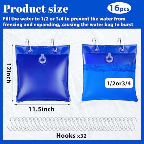 UQM 16 Pack Pool Cover Weights with 32 Hooks, Leakproof Square Swimming Pool Cover Hanging Bag, Thick PVC Pool Water Bags, Antifreezing Winter Pool Tarp Weights for Above Ground Pool Cover