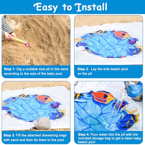 6.6 X 6.6 Ft Baby Beach Pool, 2 in 1 Portable Kids Beach Play Pool Puddle Toddler Beach Blanket and Kiddie Pools Blue Cartoon Childs Sand Pit Paddling Pools with Water Bag for Boy Girl Outdoor Camping - image 6