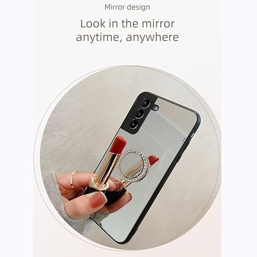 Miniatura 2 de Funda de espejo compatible con Samsung Galaxy S23 Ultra, carcasa rígida de policarbonato TPU con soporte de anillo de diamante, agarre de dedo,
