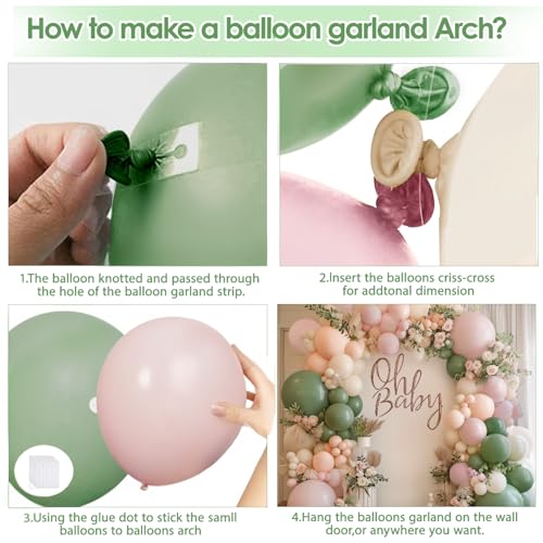 Image of Blocesa Pink Green White Sand Balloons Arch Kit, Latex, Party Decor | Sage Green, Pastel Pink, Sand White, Light Orange Balloons In Mixed Sizes. for Neutral Wedding, Birthday, Bridal Shower.