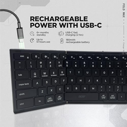 Image of acer Fold Max | 99 Keys Full-Size Foldable Bluetooth Keyboard | BT 5.0 | Rechargeable 180mAh Battery | USB-C Fast Charging | 51H Use | Portable ABS Build | Black | Windows /Mac /Android Compatible