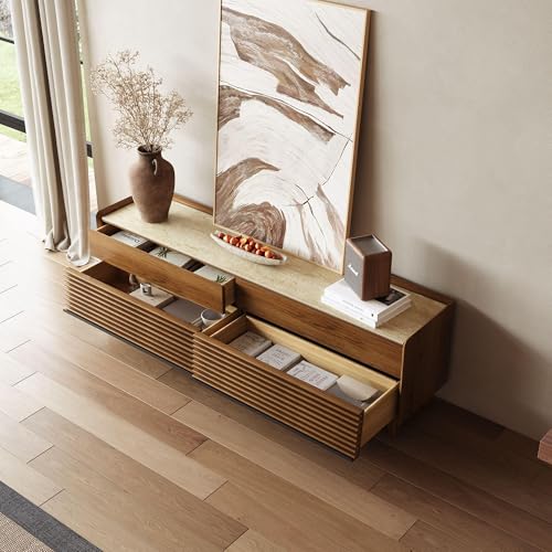 Image of POVISON Fully-Assembled Mid Century Glossy Sintered Stone Tabletop TV Stand with Legs,Wood Media Console with Adjustable LED Light,Entertainment Center with Storage for Living Room