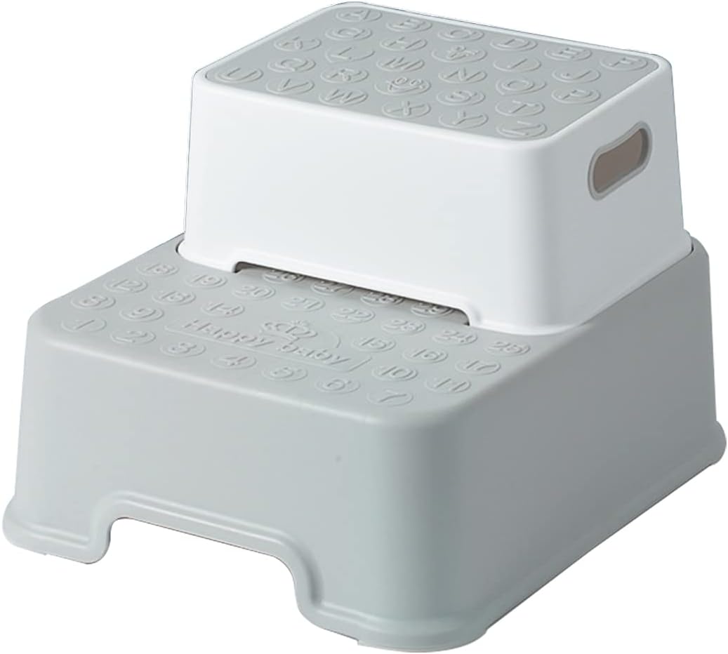 ALMEKAQUZ 2 Step Stool With Anti-Slip Surface & Base for Toddlers - Potty Training, Bathroom, Kitchen, Living Room, Bedroom, Toy Room (Gray)