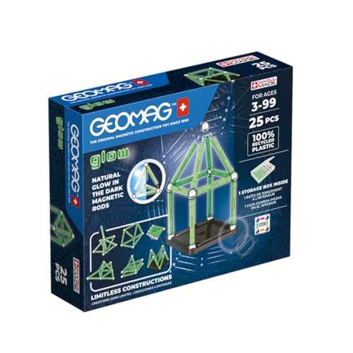Geomag, Glow Recycled, Construcciones Magnéticas Efecto Glow, Barras Que Brillan en la Oscuridad, Paquete de 25 Piezas, Plástico 100% Reciclado