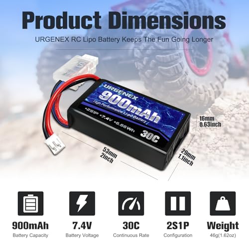 Image of SCX24 Battery 7.4V Lipos 2S 30C(Burst 60C) 900mAh Rechargeable Lithium Battery with PH2.0 Plug Compatible with Most 1 /10, 1 /16, 1 /18, 1 /24 Scale RC Cars Trucks with 1TO2 USB Charger