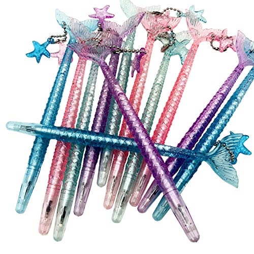 Maydahui 12PCS Cute Mermaid Shape Rollerball Pen Fish Pens Creative Crystal Flash Powder Starfish Pendant Signature Pen Black Gel Ink Design for Girls Women Student