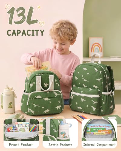 Image of Corduroy Kids Backpack for Boys Girls Ages 5-8 | 15 Inch Water-Resistant Lightweight School Bookbag for kindergarten and Elementary, 1st-3rd grade(Large,Green Dinosaur)