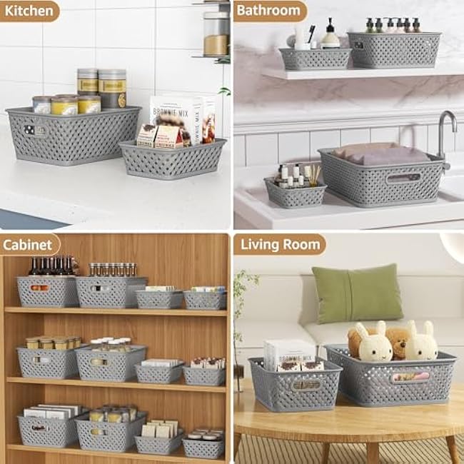 MaxGear Organization and Storage 3 Packs, Plastic Bins Organizer Bins, Woven Baskets for Storage, Plastic Baskets with Handles, Grey Basket for Organizing, Basket Organizer for Home and Office, Large