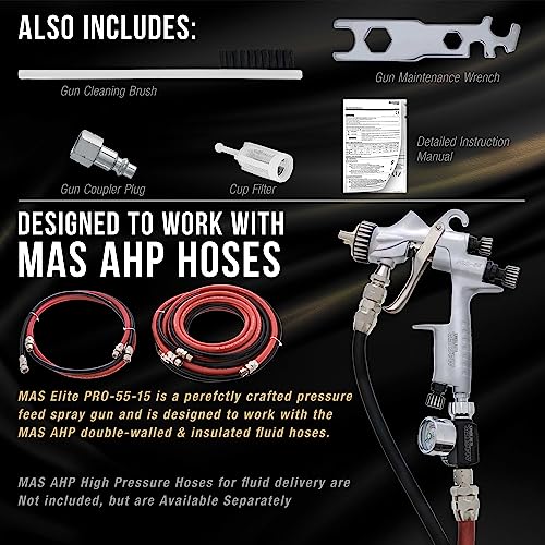 Master Elite High-Performance PRO-55 Series HVLP Pressure Feed Spray Gun with 1.5mm Tip - Ideal for Automotive Basecoats, Clearcoats, Primers, Industrial & Woodworking Coatings - Superior Atomization