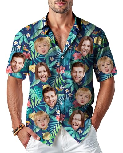 Custom Hawaiian Shirt with Face, Personalized Photo Picture Shirt Fun Gift for Men Women Kids Dad Husband - Tropical Beachwear, Summer Vacation, Luau Party, Customized Aloha Button Down Floral Shirts