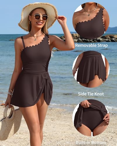 Image of Charmo One Shoulder One Piece Swimsuit Women Tummy Control Bathing Suit with Skirt Tie Knot Cute Scalloped Swimdress