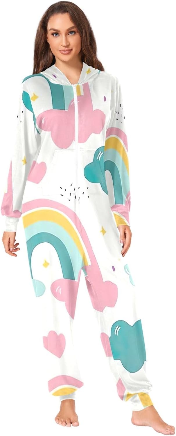 GAIREG Rainbow Cloud Adult Onesie Pajamas, Hooded One Piece Loungewear with Zipper and Pockets for Men Women