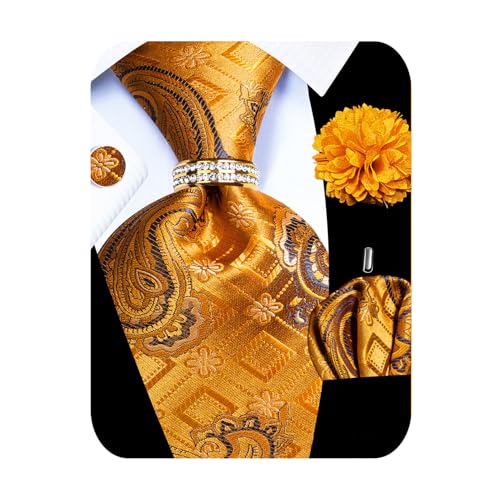 Image of 5PCS Mens Silk Designer Tie, Pocket Square, Cufflinks, Drilled Tie Ring and Lapel Pin Set for Wedding Groom Party