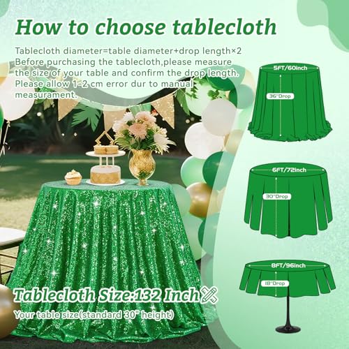 Image of B-COOL Round Tablecloth Sequin Draping Decorations: 132 Inch Tablecloths Sequin Overlay Green Shimmer Fabric for Birthday Dinner Parties Christmas Decor
