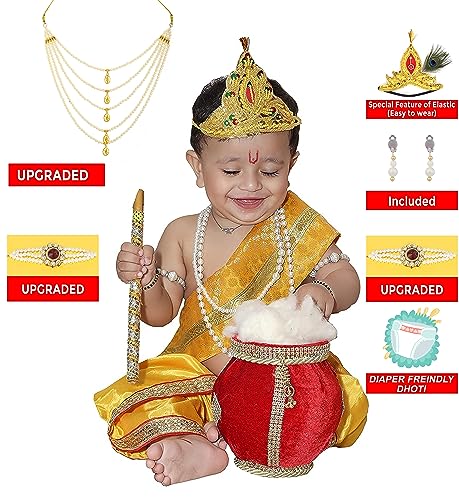 Image of Raj Fancy Dresses Shri Krishna Dress for Baby Boy & Girl, Janmashtmi Dress with Diaper-friendly Dhoti & Dupatta, Mor Pankh Mukut,RFD-BKP- 4, 3-Months